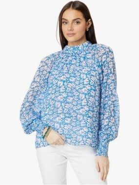 Lilly Pulitzer Blue Floral High-Neck Blouse